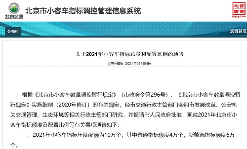 2021年北京新能源小客車指標(biāo)額度6萬個(gè)